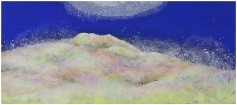 김정수 작가의 작품, 한라산. 하늘에서부터의 숨결이 한라산에 부어져 백두산까지 바람을 타고 날아가는 정경을 표현한 작품
